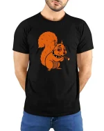 Funny Squirrel T-Shirt Chill Cartoon Animal Graphic Tee - model wearing black tee with hands behind back