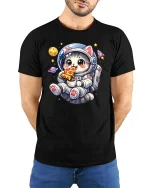 Cute Astronaut Cat T-Shirt Funny Space Pizza Graphic Tee - model wearing black tee with hands behind back
