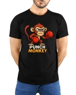 Punch Monkey T-Shirt Funny Boxing Animal Graphic Tee - model wearing black tee with hands behind back