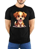 Cute Puppy Dog T-Shirt Adorable Cartoon Pet Lover Tee - model wearing black tee with hands behind back