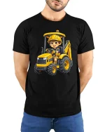 Cute Excavator Kid T-Shirt Construction Vehicle Fun Tee - model wearing black tee with hands behind back