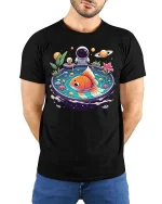 Space Goldfish T-Shirt Cosmic Aquarium Fantasy Art Tee - model wearing black tee with hands behind back