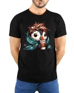 Cute Penguin Coffee T-Shirt Cozy Winter Animal Lover Tee - model wearing black tee with hands behind back