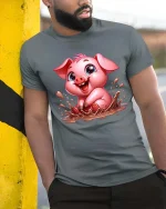 Cute Mud Pig T-Shirt Funny Kawaii Animal Farm Graphic Tee - model wearing grey tee, leaning on column