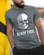 Black Code Skull T-Shirt Dark Aesthetic Graphic Tee - model wearing grey tee, leaning on column