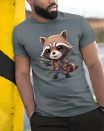 Cute Raccoon Warrior T-Shirt Funny Animal Hero Graphic Tee - model wearing grey tee, leaning on column