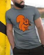 Funny Squirrel T-Shirt Chill Cartoon Animal Graphic Tee - model wearing grey tee, leaning on column