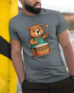 Cute Bear Drummer T-Shirt Funny Animal Music Lover Tee - model wearing grey tee, leaning on column