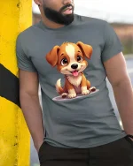 Cute Puppy Dog T-Shirt Adorable Cartoon Pet Lover Tee - model wearing grey tee, leaning on column