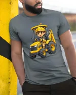Cute Excavator Kid T-Shirt Construction Vehicle Fun Tee - model wearing grey tee, leaning on column