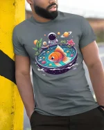 Space Goldfish T-Shirt Cosmic Aquarium Fantasy Art Tee - model wearing grey tee, leaning on column