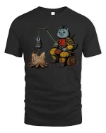 Funny Samurai Cat Roasting Mouse T Shirt Cute Ninja Tee - black t-shirt on white background