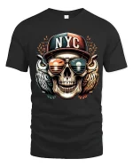 NYC Skull With Owls T Shirt Urban Street Art Graphic Tee - black t-shirt on white background