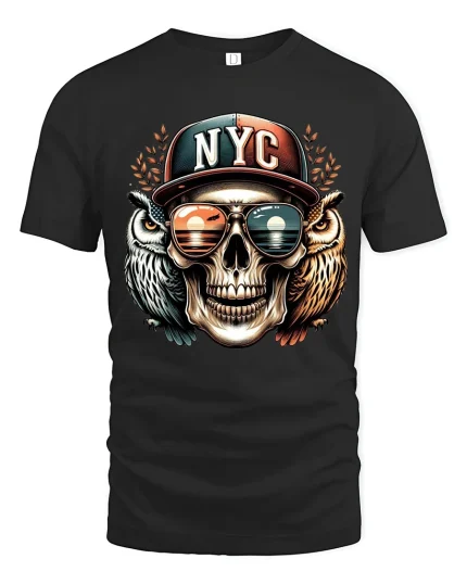 NYC Skull With Owls T Shirt Urban Street Art Graphic Tee - black t-shirt on white background
