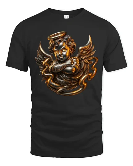 Golden Angel Cherub T Shirt Dark Gothic Art Graphic Tee - black t-shirt on white background