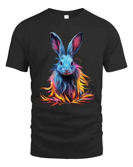 Colorful Neon Bunny T Shirt Vibrant Fantasy Rabbit Tee - black t-shirt on white background