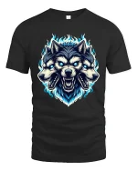 Three Headed Wolf T Shirt Fierce Mythical Beast Graphic Tee - black t-shirt on white background