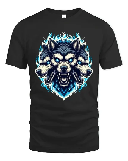 Three Headed Wolf T Shirt Fierce Mythical Beast Graphic Tee - black t-shirt on white background