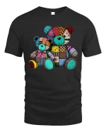 Colorful Patchwork Teddy Bear T Shirt Cute Vintage Toy Tee - black t-shirt on white background
