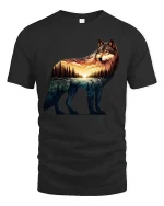 Majestic Wolf Sunset Landscape T Shirt Nature Art Tee - black t-shirt on white background