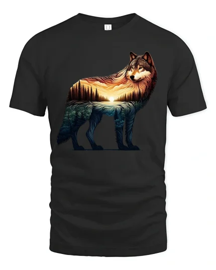 Majestic Wolf Sunset Landscape T Shirt Nature Art Tee - black t-shirt on white background