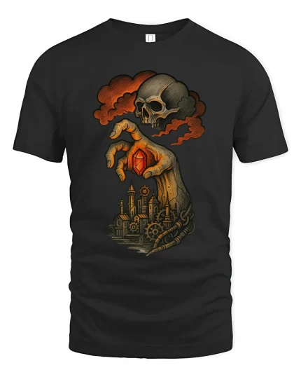 Dark Fantasy Skull Hand T Shirt Gothic Steampunk Art Tee - black t-shirt on white background