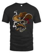 Cowboy Skull With Cigar T Shirt Wild West Graphic Tee - black t-shirt on white background