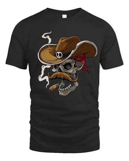 Cowboy Skull With Cigar T Shirt Wild West Graphic Tee - black t-shirt on white background