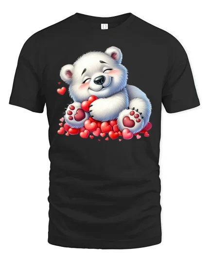 Cute Polar Bear Hugging Hearts T Shirt Adorable Love Tee - black t-shirt on white background