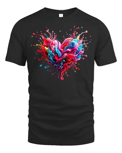 Colorful Paint Splash Heart T Shirt Vibrant Love Art Tee - black t-shirt on white background