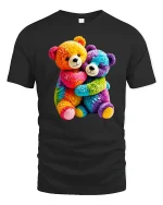 Rainbow Teddy Bears Hug T Shirt Cute Colorful Plush Tee - black t-shirt on white background