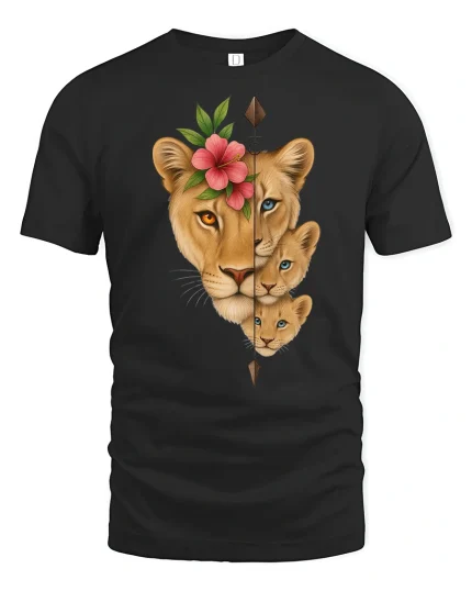 Lioness and Cubs Floral Spirit T Shirt Wildlife Family Tee - black t-shirt on white background