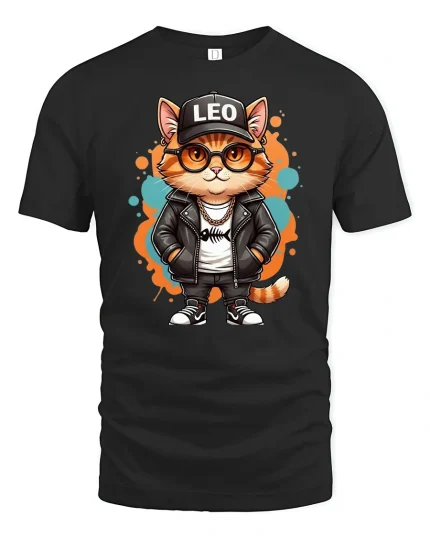 Cool Leo Cat Graphic T Shirt Hip Hop Street Style Tee - black t-shirt on white background