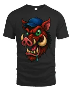 Funny Wild Boar With Cap T Shirt Crazy Cartoon Hog Tee - black t-shirt on white background