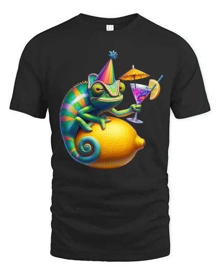 Funny Party Chameleon On Lemon T Shirt Colorful Cocktail Tee - black t-shirt on white background