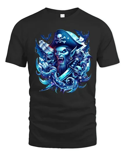 Undead Pirate Skull Captain T Shirt Dark Fantasy Graphic Tee - black t-shirt on white background