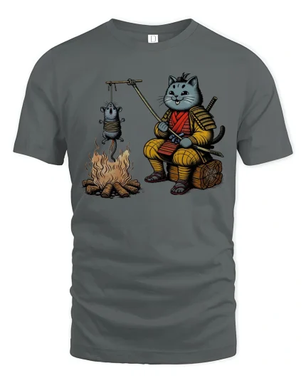 Funny Samurai Cat Roasting Mouse T Shirt Cute Ninja Tee - gray t-shirt on white background