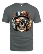 NYC Skull With Owls T Shirt Urban Street Art Graphic Tee - gray t-shirt on white background