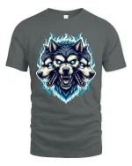 Three Headed Wolf T Shirt Fierce Mythical Beast Graphic Tee - gray t-shirt on white background