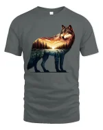 Majestic Wolf Sunset Landscape T Shirt Nature Art Tee - gray t-shirt on white background