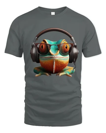 Funny Chameleon With Headphones T Shirt Cool Music Lover - gray t-shirt on white background