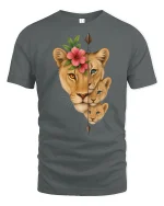 Lioness and Cubs Floral Spirit T Shirt Wildlife Family Tee - gray t-shirt on white background