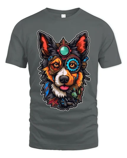 Steampunk Border Collie Dog T Shirt Cool Mechanical Art Tee - gray t-shirt on white background
