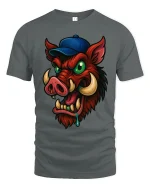Funny Wild Boar With Cap T Shirt Crazy Cartoon Hog Tee - gray t-shirt on white background