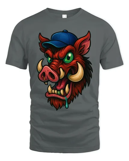 Funny Wild Boar With Cap T Shirt Crazy Cartoon Hog Tee - gray t-shirt on white background