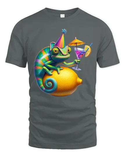 Funny Party Chameleon On Lemon T Shirt Colorful Cocktail Tee - gray t-shirt on white background