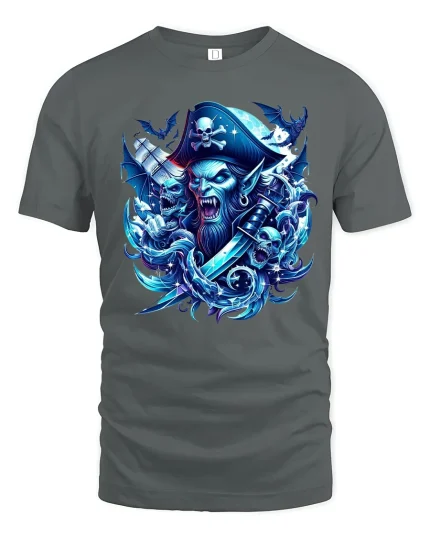 Undead Pirate Skull Captain T Shirt Dark Fantasy Graphic Tee - gray t-shirt on white background