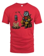 Funny Samurai Cat Roasting Mouse T Shirt Cute Ninja Tee - red t-shirt on white background