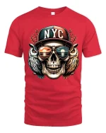 NYC Skull With Owls T Shirt Urban Street Art Graphic Tee - red t-shirt on white background