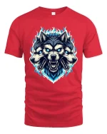 Three Headed Wolf T Shirt Fierce Mythical Beast Graphic Tee - red t-shirt on white background